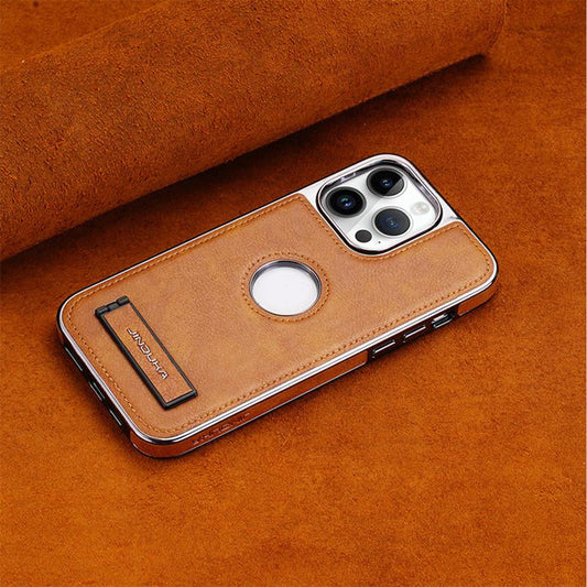 Invisible stand phone case with electroplated bezel and leather protector